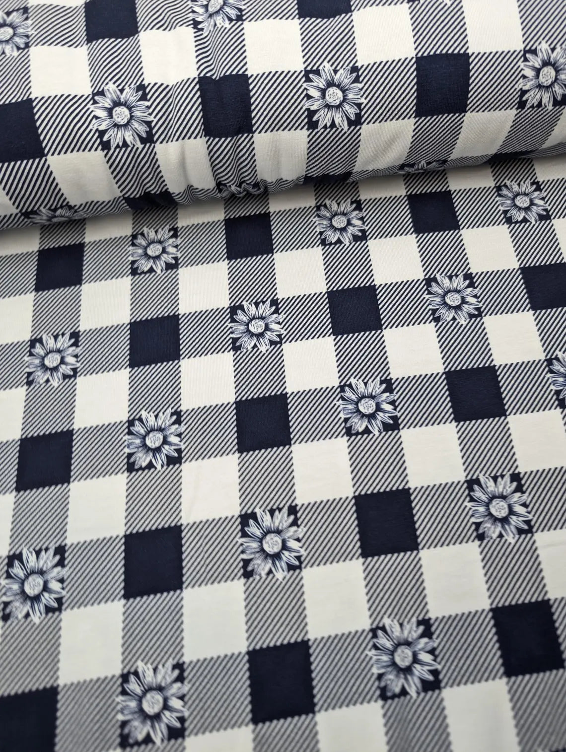 Daisy Gingham Navy Cotton Jersey