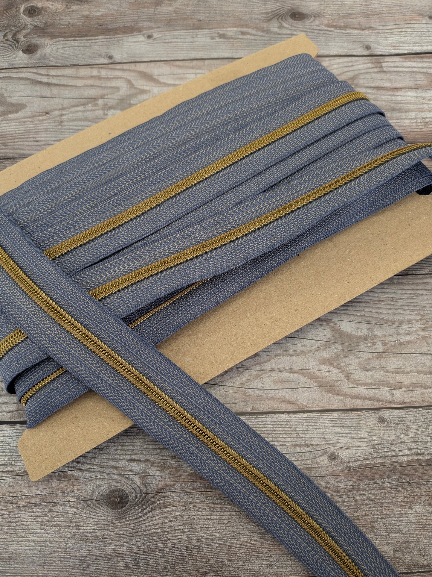 Zipper Tape Antique Brass Teeth on Denim 6mm