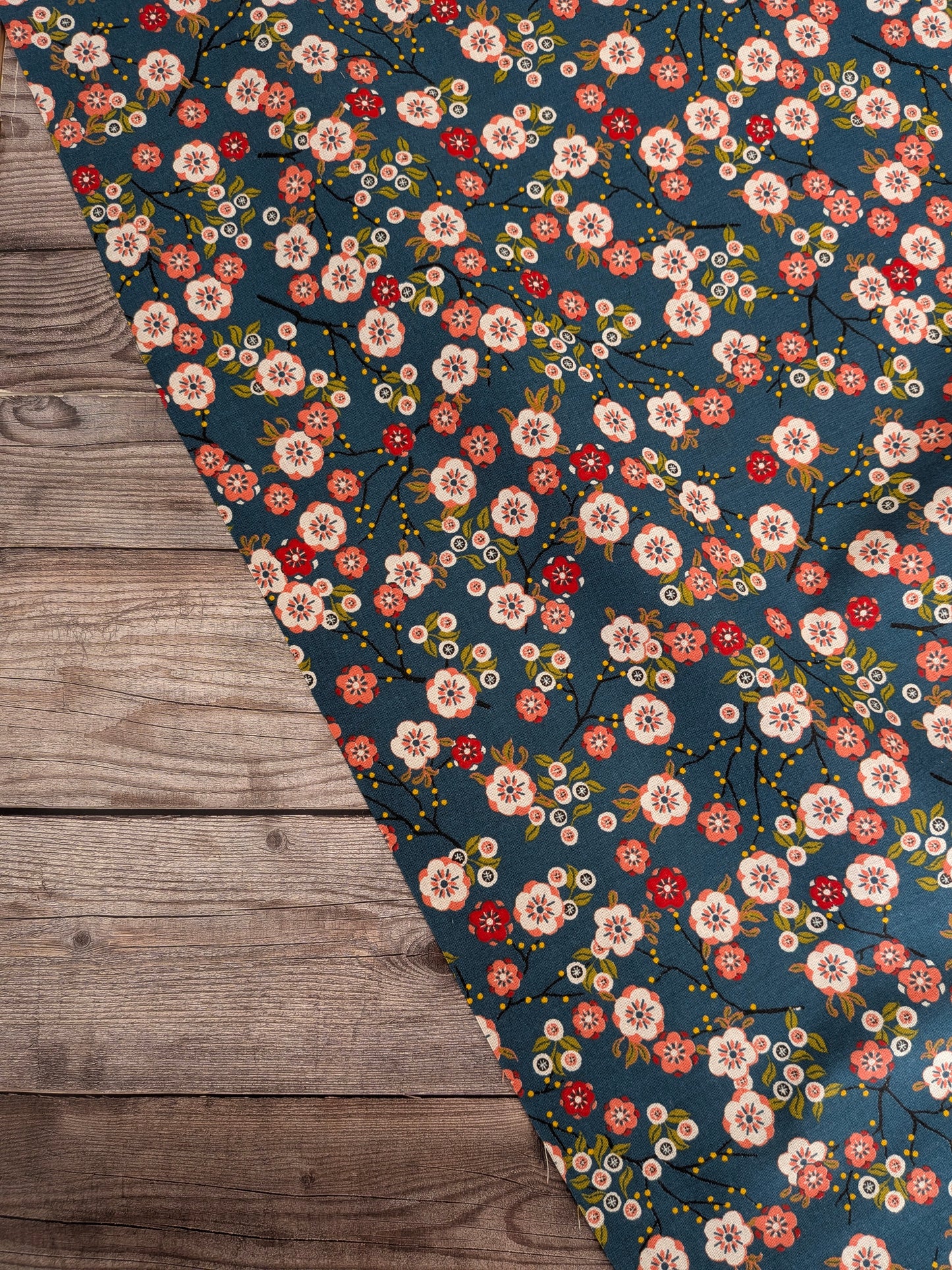 Japanese Floral on Petrol Percale Cotton