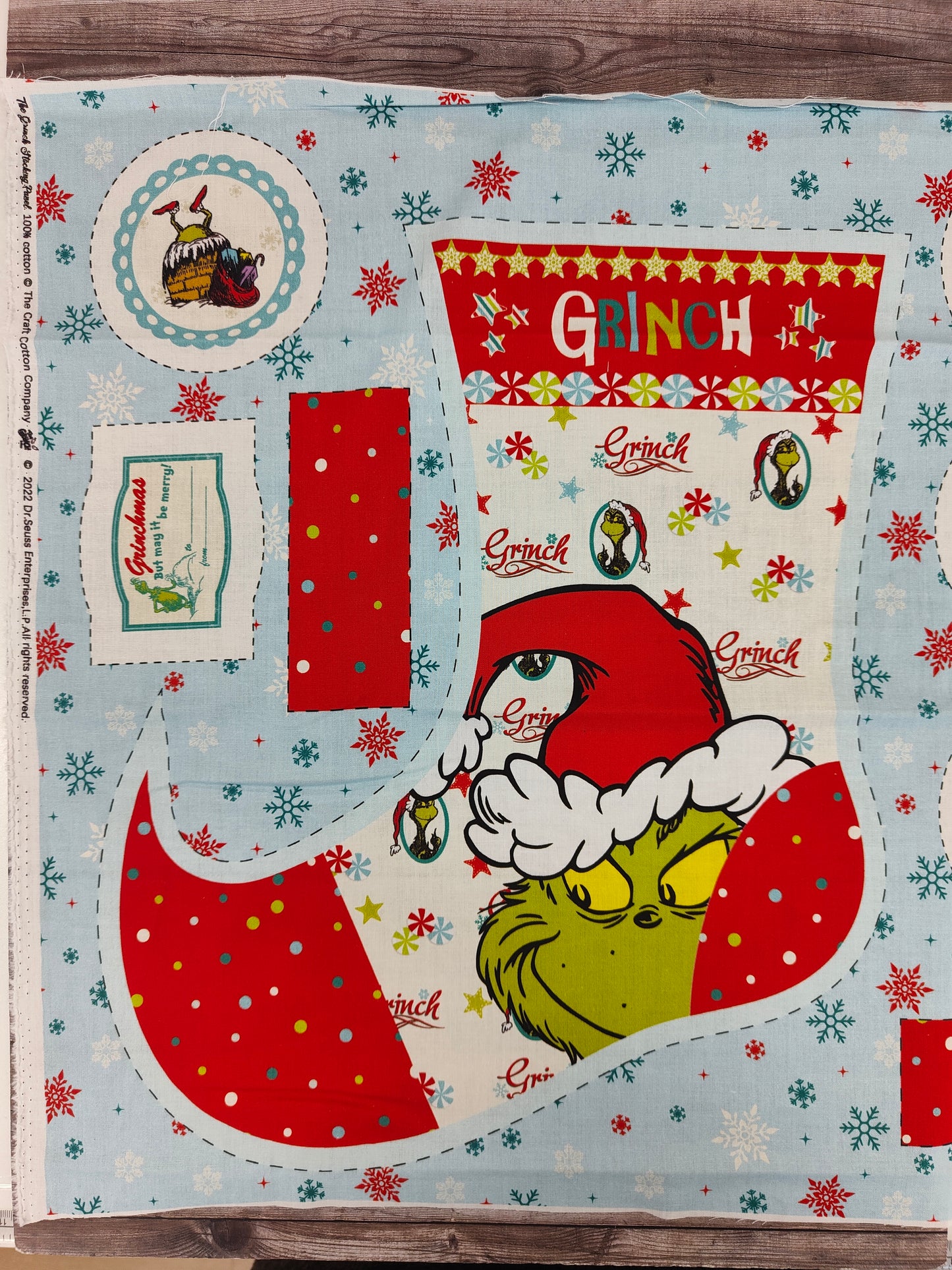 100% Cotton Grinch Stocking Panel