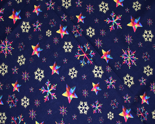 Rainbow Snowflake Navy Metallic Cotton