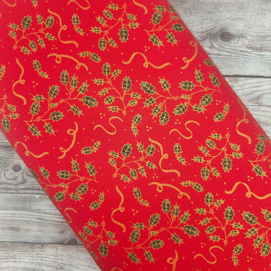 Metallic Holly on Red Cotton