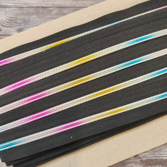 Zipper Tape Rainbow Teeth on Black 6mm