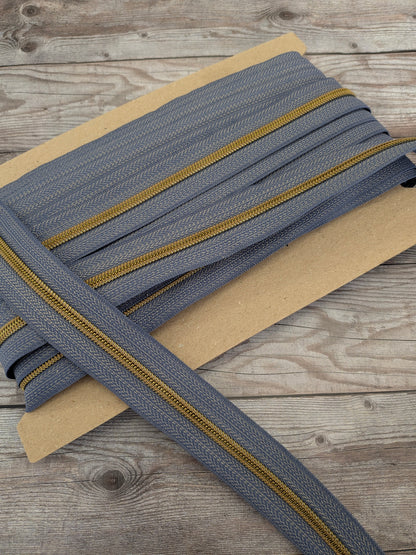 Zipper Tape Antique Brass Teeth on Denim 6mm