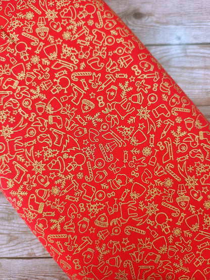 Gold on Red Ditsy Christmas Cotton