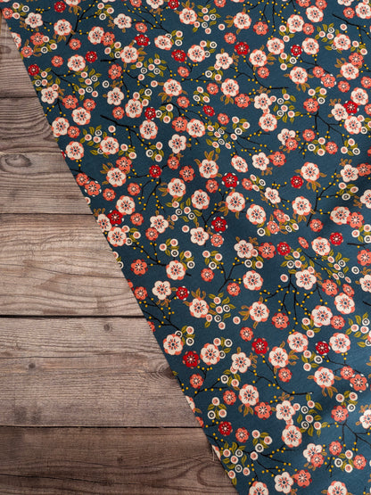 Japanese Floral on Petrol Percale Cotton