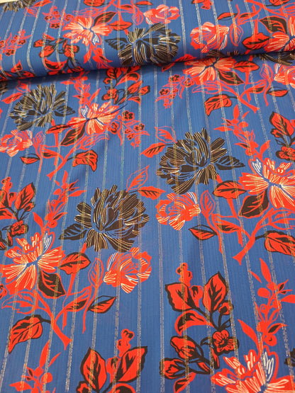 Blue & Red Floral Lurex Viscose