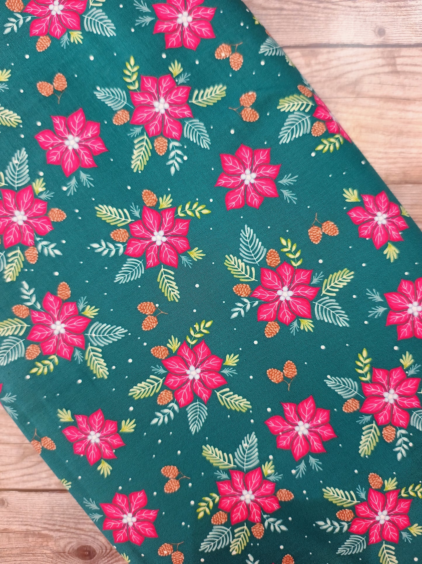 Jewelled Christmas Poinsettia Pine Cotton