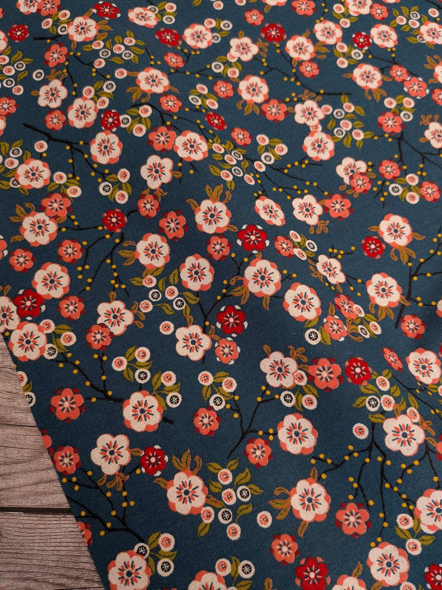 Japanese Floral on Petrol Percale Cotton