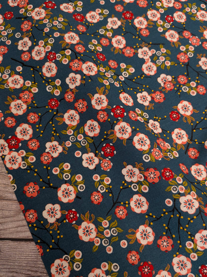 Japanese Floral on Petrol Percale Cotton
