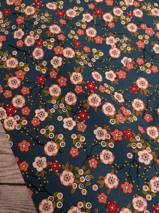Japanese Floral on Petrol Percale Cotton