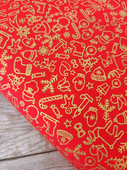 Gold on Red Ditsy Christmas Cotton