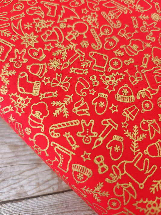 Gold on Red Ditsy Christmas Cotton