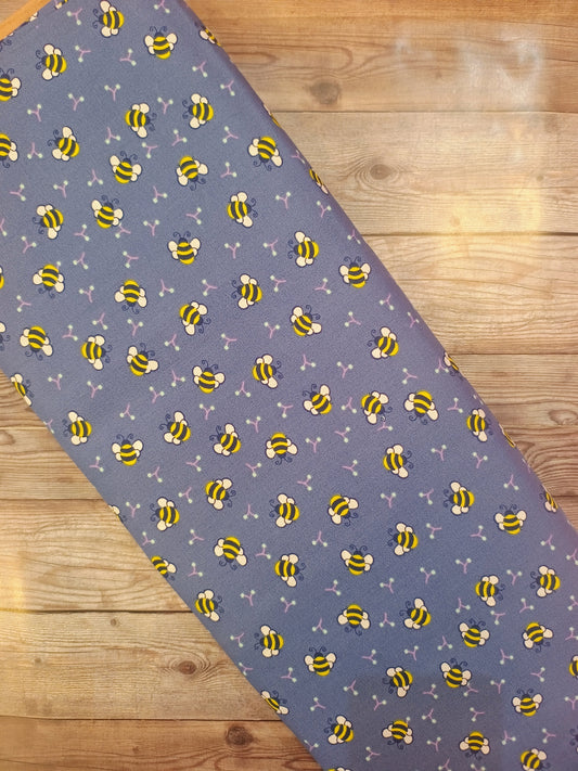 Bumble Bees on Denim Blue Cotton
